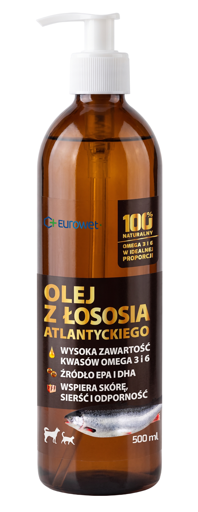 Olej z łososia atlantyckiego dla psów i kotów – Omega-3 i 6 (EPA, DHA) | Eurowet 2 Olej z łososia atlantyckiego Eurowet 500 ml